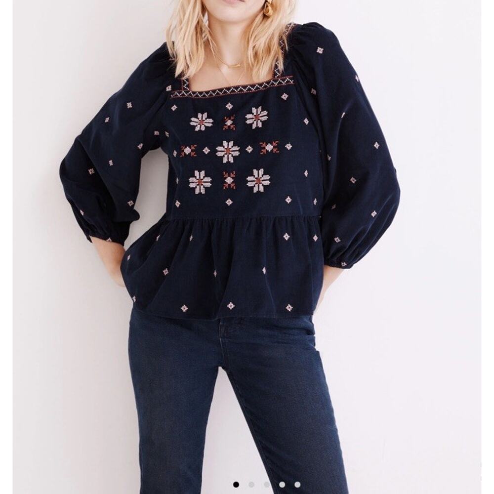 Madewell Navy Blue Embroidered Corduroy Button Back Peplum Blouse Womens sz XS